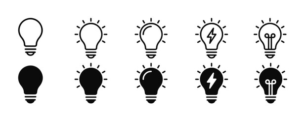 Light bulb icon set idea innovation energy lightning power flash inspiration creativity technology electricity flat line solid style vector © Design Studio