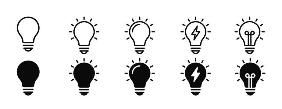 Light bulb icon set idea innovation energy lightning power flash inspiration creativity technology electricity flat line solid style vector