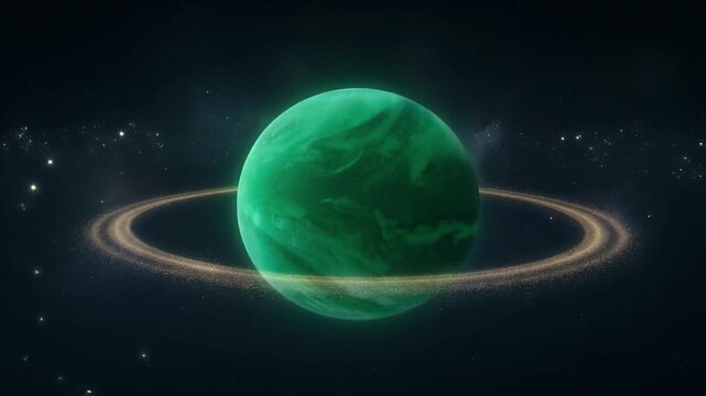 Space Surreal emerald green planet with glowing dust ring in deep space cosmic galaxy, mysterious nebula star field orbit and fantasy alien world glowing globe backdrop