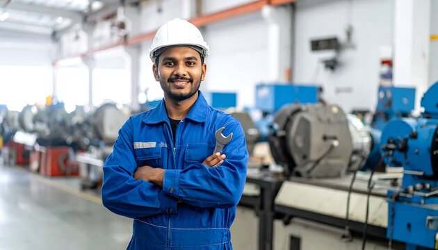 A smiling, dark-haired worker wearing a white hard hat and blue coveralls poses confidently in a large industrial setting