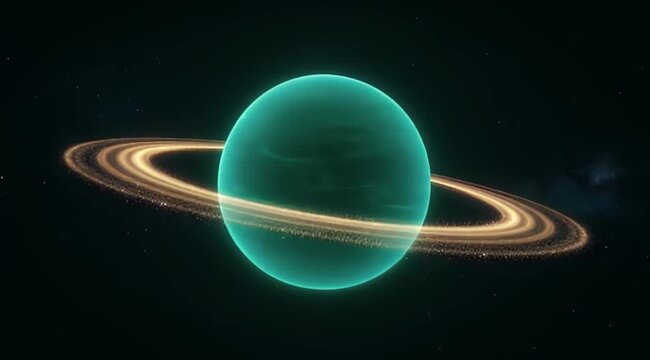 Space Glowing planet emerald sphere with golden ring space background, cosmic light and energy, science fiction fantasy art of emerald planet glowing ring golden dust deep universe digital