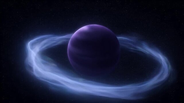 Space Mystical dark violet planet with glowing aurora ring in cosmic space scene, ethereal nebula cloud and deep star field fantasy world alien horizon dreamy universe surreal sci fi night sky