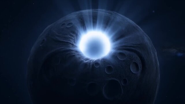 Space Mysterious hollow planet glowing core cosmic light space fantasy abstract surreal crater surface dark sky energy beam nebula alien landscape science fiction deep shadow surreal sphere outer