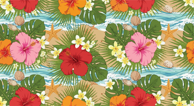 Tropical hibiscus seamless pattern vector, exotic beach floral background with palm leaves and seashells, summer vacation botanical wallpaper