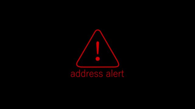 Animated address alert icon with glowing red warning symbol. Perfect for navigation software, GPS tracking systems, monitoring tools, and security applications.
