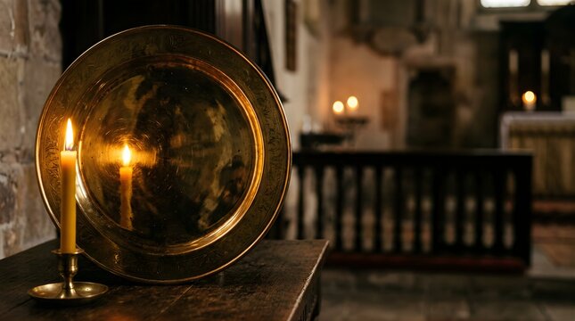 Lit candle and brass plate reflection on wooden table in quiet church