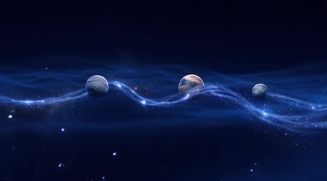 Space Surreal space planet galaxy cosmic orbit nebula fantasy night abstract wave, serene chain of glowing cosmos planet orbit flowing through deep star field, cosmic energy science wave scene with