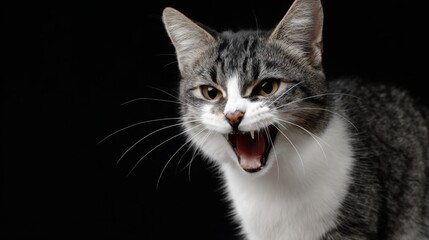Obraz premium Angry Cat Showing Teeth with Intense Expression on Black Background