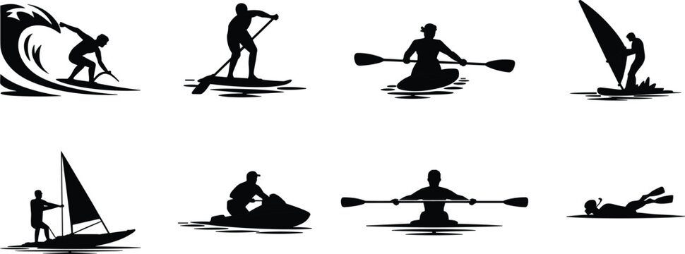 Black silhouettes of water sports activities including surfing kayaking paddleboarding windsurfing sailing jet ski and snorkeling on white background