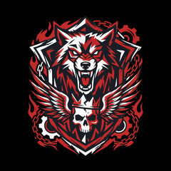 Obraz premium Fierce wolf head with wings and skull emblem