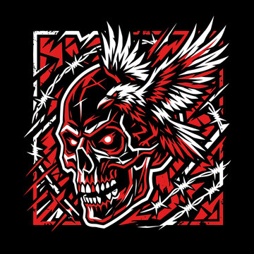 A fierce bird of prey lands on a skull surrounded by barbed wire