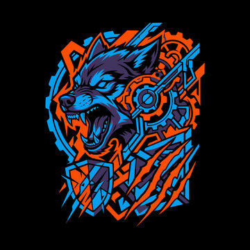 Fierce mechanical wolf head with gears and claw marks