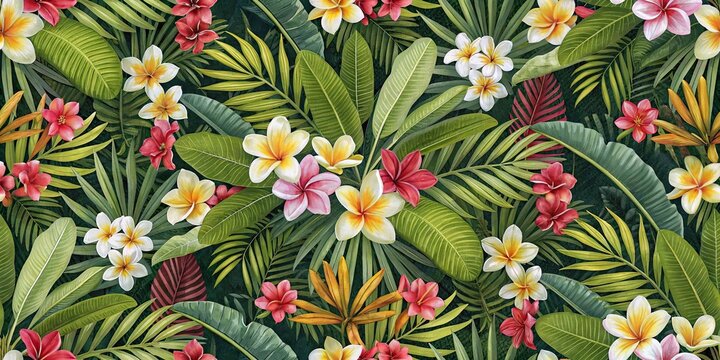 Seamless tropical flowers pattern with hibiscus plumeria and green leaves vibrant exotic background