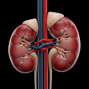 3D rendered human kidneys with blood vessels and stones.