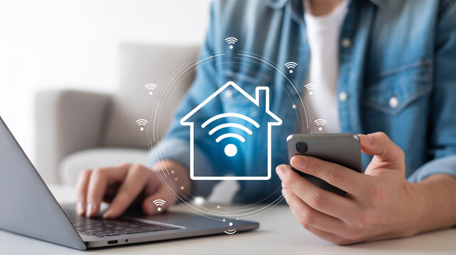 Man using smartphone and laptop with smart home interface