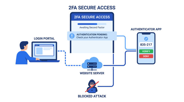 2FA Secure Access: Login Portal, Website Server, Authenticator App, Blocked Attack