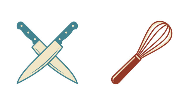 Crossed kitchen knives and a whisk for cooking and baking