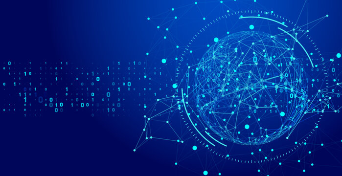 Abstract blue digital background showcasing binary code 0, 1, a global network sphere, and interconnected data points, representing modern technology and communication.