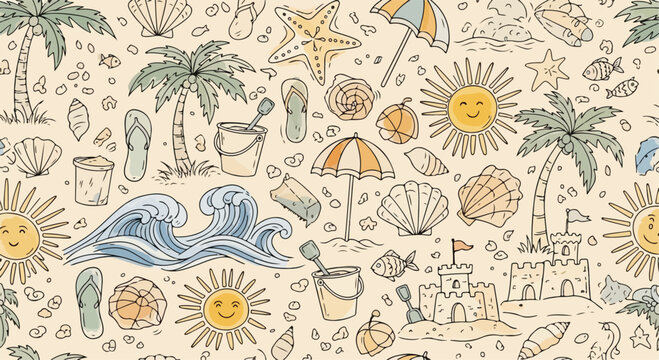 Vintage summer beach pattern, hand drawn tropical vacation doodles, seamless background with palm trees, sun, and sea shells vector
