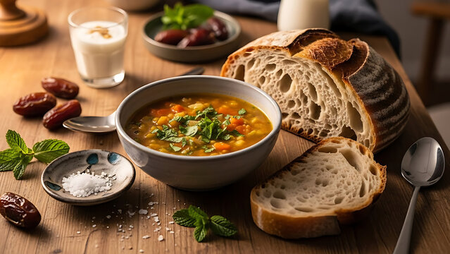 Bowl of Hearty Vegetable Soup with Fresh Sourdough Bread.