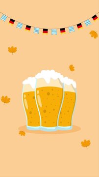 Vertical Animation of Oktoberfest Beer Glasses Cheering with Autumn Leaves and German Flags Background
