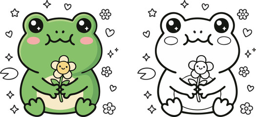 Obraz premium Cute Frog Cartoon Coloring Page for Kids