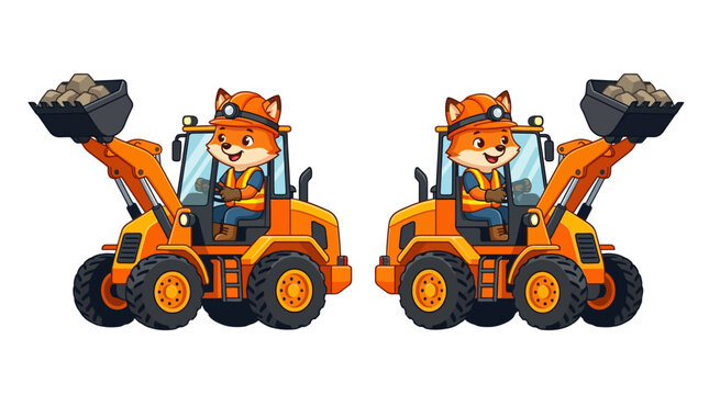 Cute cartoon fox wearing a hard hat driving an orange digger truck with a bucket full of dirt