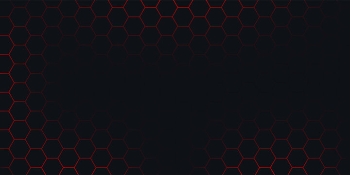 Abstract dark hexagon pattern on red neon background technology style. Modern futuristic geometric shape web banner design.