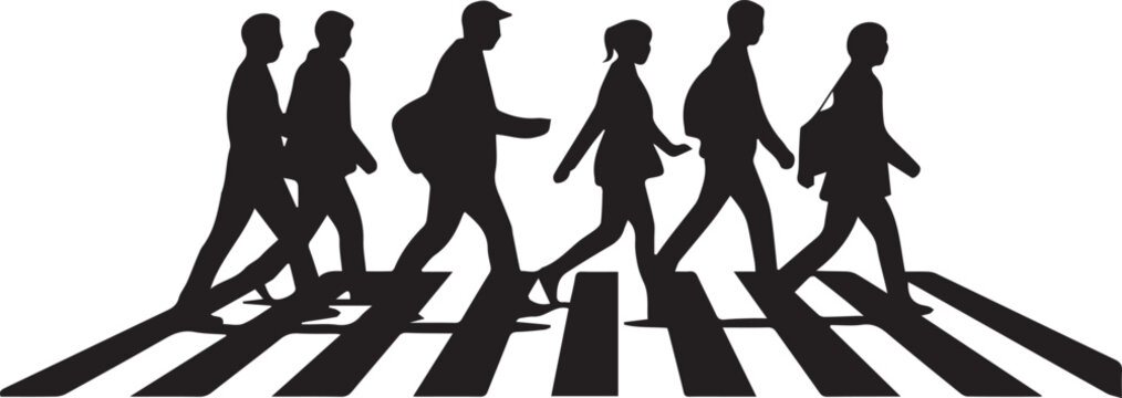 Silhouette of six people walking across a zebra crossing isolated on white background in black silhouette style for design