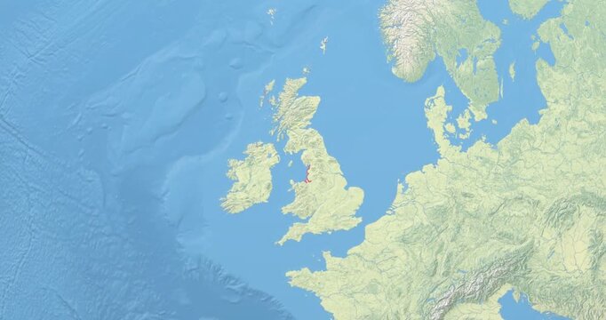United Kingdom on Globe. Zoom into the country with Earth spinning on dark background. Physical world map with United Kingdom and label on it. Country view animation.