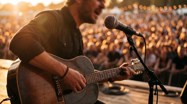 Musician performs live on outdoor stage with guitar and microphone in front of large audience at sunset