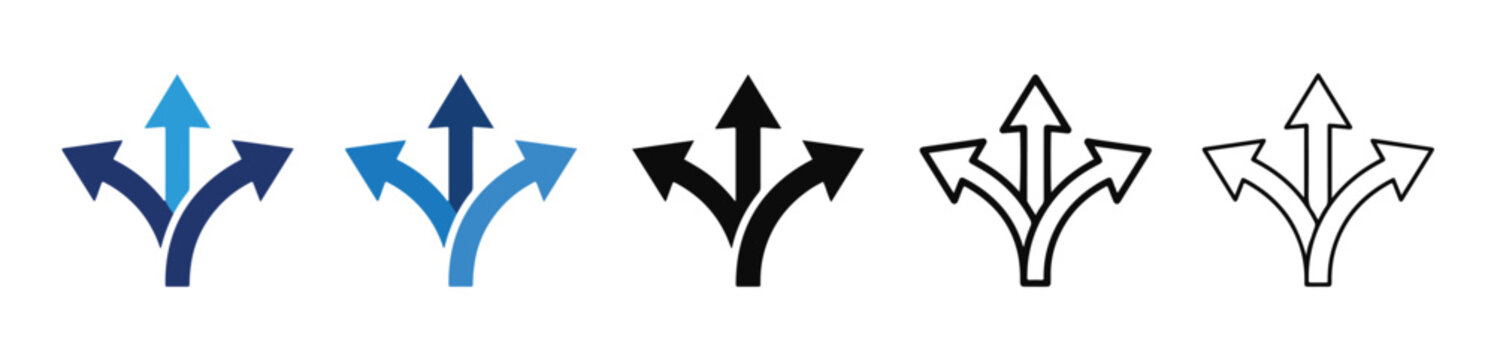 Split arrow icon set three directions choice way alternative decision strategic route map navigation sign flat line colored style vector