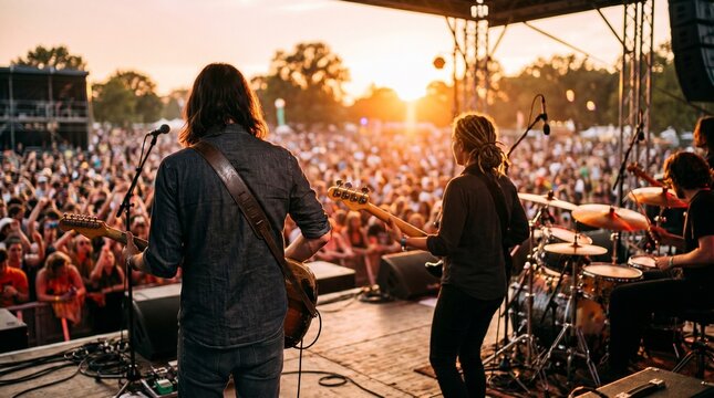 Musicians perform on outdoor stage at sunset before large crowd