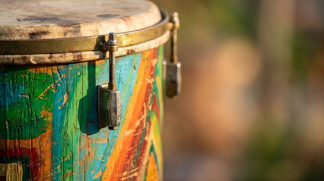 Colorful hand painted bongo drum instrument detail outdoors at sunset