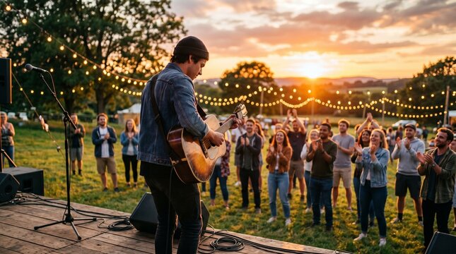 Musician plays guitar on outdoor stage at sunset before crowd