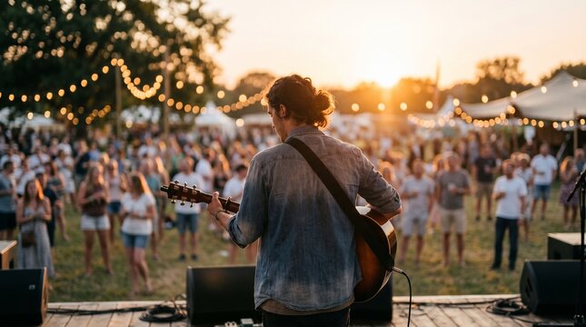 Musician performs on outdoor stage with guitar as crowd enjoys festival at sunset