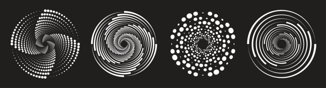 Circle dotted speed lines. Abstract round halftone circle frames, rotating dotted circle shapes. Big collection of round Logos.