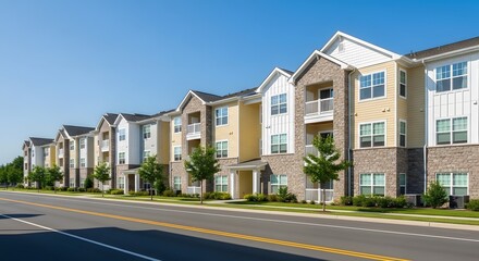 Obraz premium Exterior view of a newly constructed apartment complex featuring multiple residential units with balconies and appealing architectural designs under a clear blue sky providing ample living space