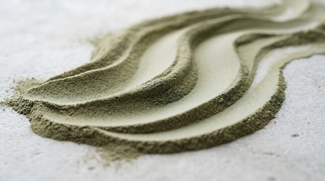 Abstract macro photograph of green cosmetic clay powder pattern. Minimalist organic matcha tea or herbal powder waves over light stone background with selective focus.