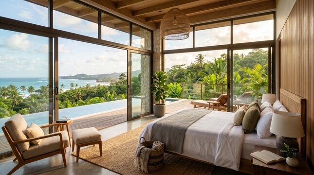 Luxurious bedroom with ocean view and large windows offering serene tropical getaway