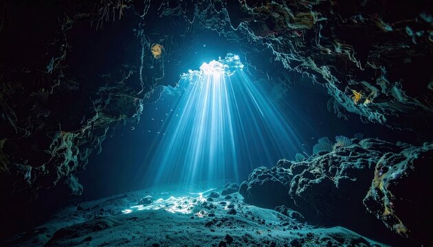 Underwater cave with sunbeams piercing through the opening, creating a mystical atmosphere.