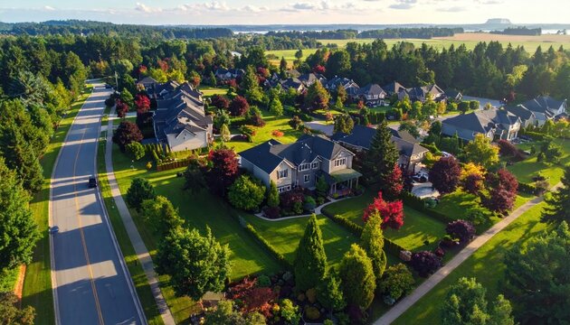 Aerial view of a suburban neighborhood with manicured lawns and colorful trees in autumn.
