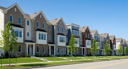 Fototapeta premium A row of attractive townhouses with distinct architectural features lines a suburban street on a clear day with lush green landscaping and a bright blue sky above creating a welcoming