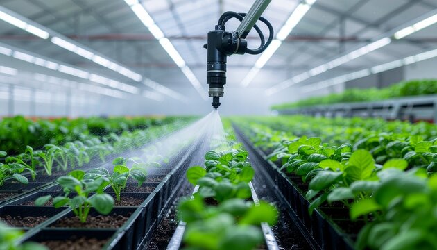 Automated irrigation system waters rows of young green plants in an indoor agricultural facility with a robotic arm.