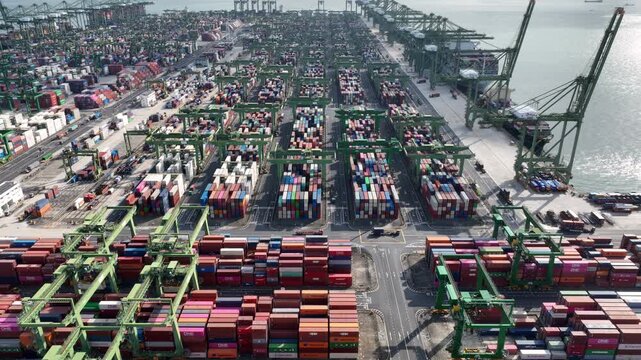 sunny day flight over singapore city one of the biggest container port terminal traffic bay aerial panorama 4k    