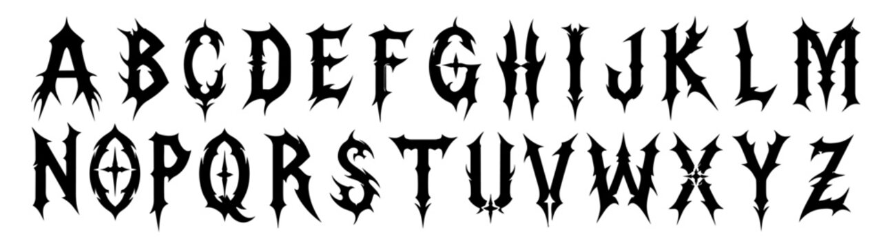 Gothic metal alphabet font with neo tribal punk rock Y2K style, dark edgy letters and numbers with sharp aggressive forms and underground aesthetic. Bold display typeface vector design bundle