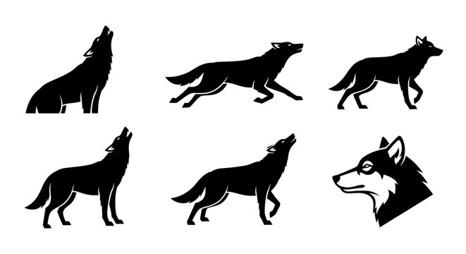 Black wolf silhouettes in different poses vector icons set