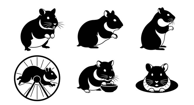 Six Black and White Hamster Illustrations Running, Eating, and Resting