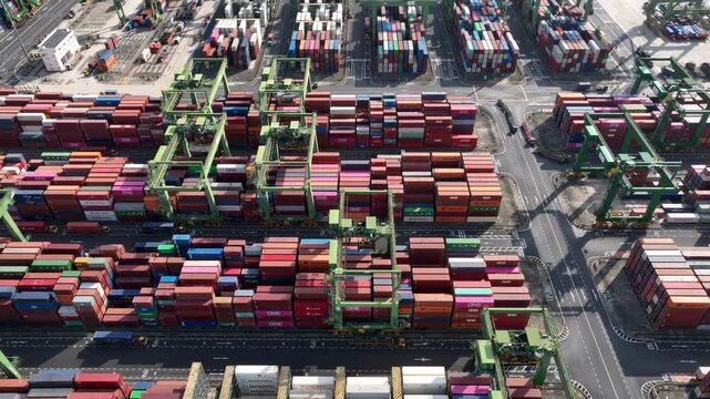 day time flight over singapore city one of the biggest container port terminal traffic bay topdown aerial panorama 4k    