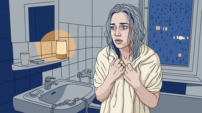 Young woman holding towel in dimly lit bathroom feeling anxious and vulnerable at night